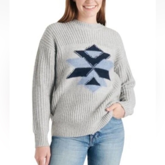 Lucky Brand Gray With Blue Intarsia Ribbed Crew Neck Sweater - Picture 1 of 7